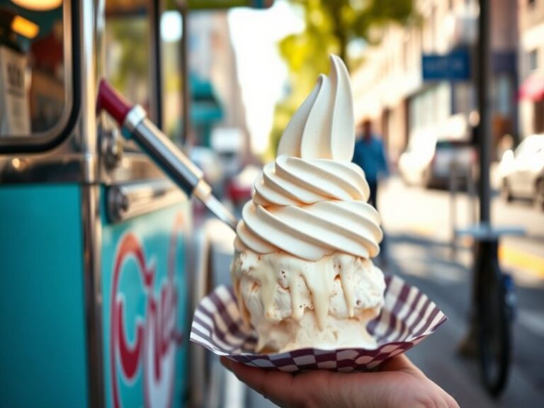 A colorful display of various ice cream cones, showcasing different flavors and toppings, set against a sunny outdoor backdro