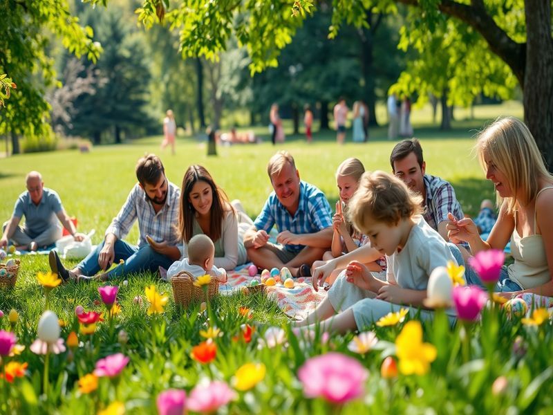 A serene park setting filled with families enjoying picnics and outdoor games on Easter Monday, showcasing the community spir