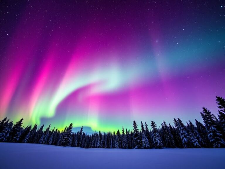 A stunning image of the aurora borealis illuminating a starry night sky over a snowy landscape, showcasing vibrant green and