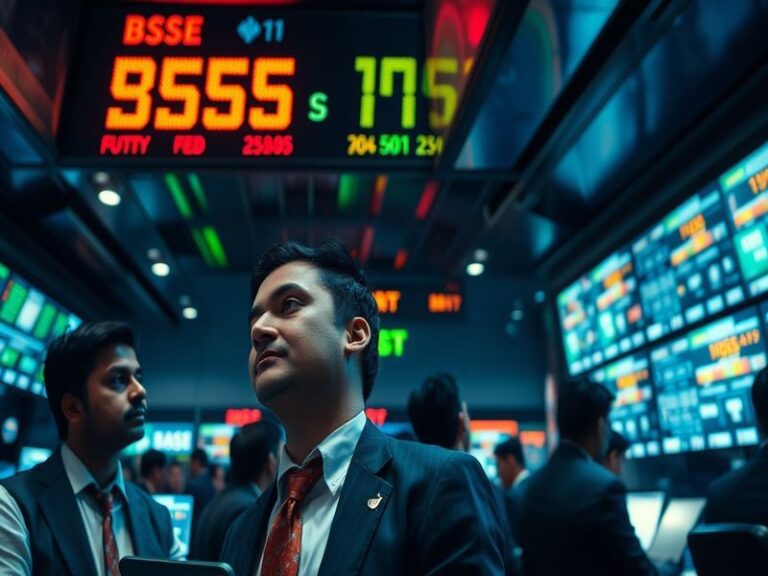 A dynamic image showcasing a stock market trading floor, with screens displaying stock prices and traders engaged in activity