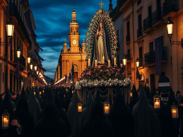 A vibrant scene from a Semana Santa procession, featuring ornate floats, participants in traditional attire, and colorful alf