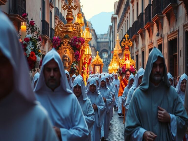 A vibrant procession during Semana Santa featuring elaborate floats, participants in traditional attire, and colorful decorat