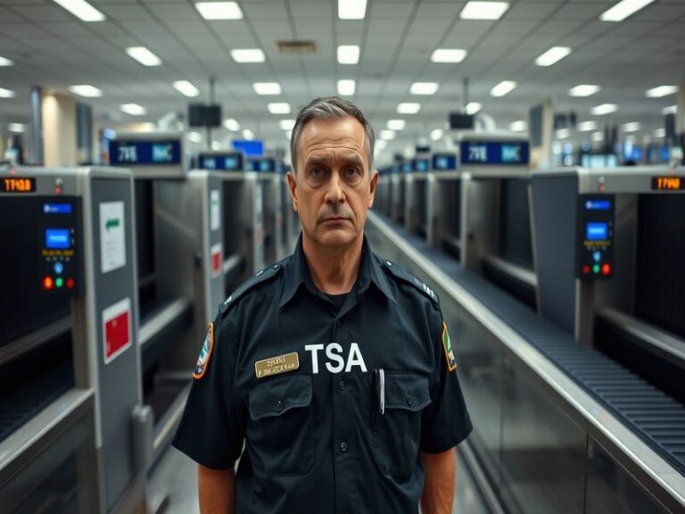 An image depicting TSA agents at an airport security checkpoint, showing diverse staff in uniforms, engaged in their duties,