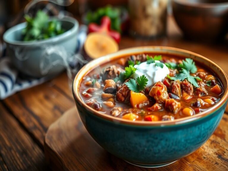 A vibrant bowl of Chili TLC, featuring colorful ingredients like beans, meat, and spices, garnished with fresh cilantro and s