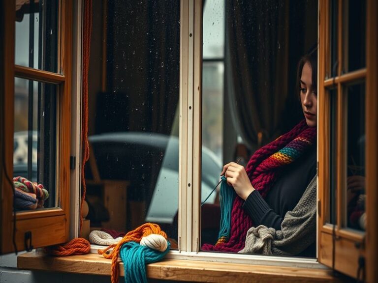 A serene indoor setting with a cozy atmosphere, featuring a person writing in a journal by a window during a rainy day.