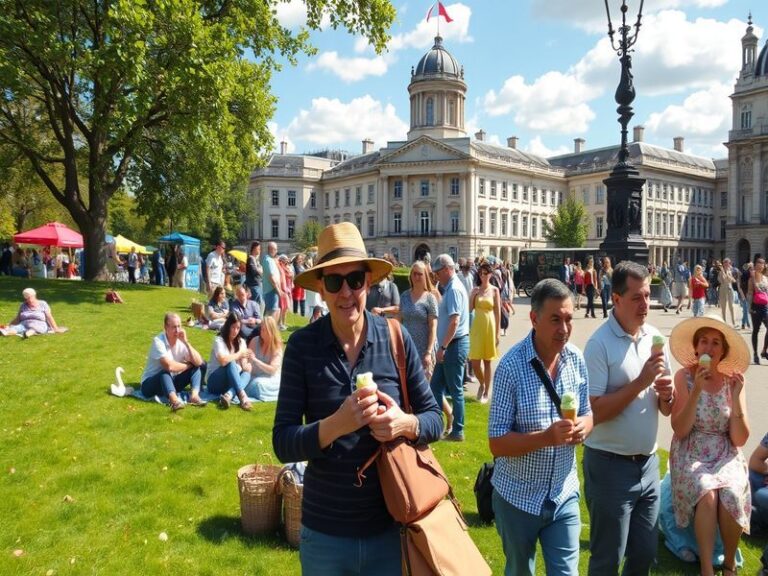 A vibrant image depicting a family enjoying a picnic during a bank holiday, set in a sunny park with festive decorations.