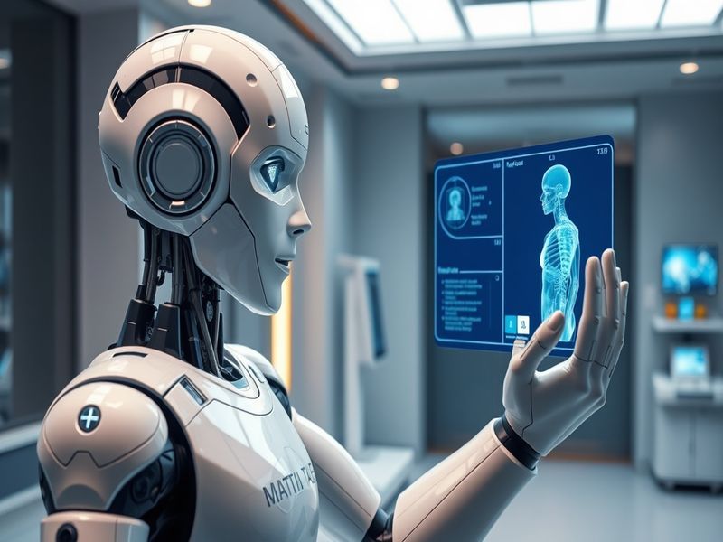 An illustration showing a doctor interacting with AI technology, featuring digital health data and medical imagery in a moder