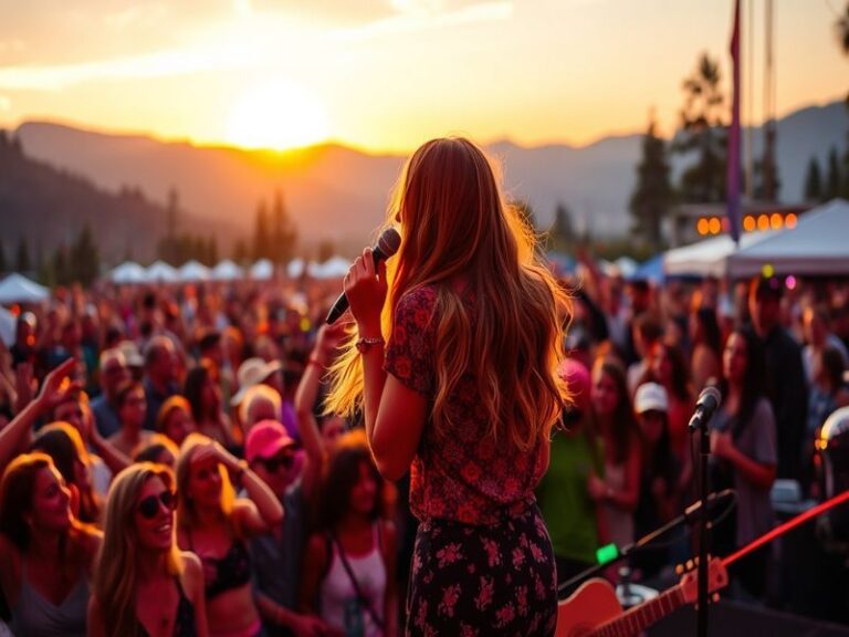 A vibrant performance shot of Maggie Rogers on stage, showcasing her expressive vocals and engaging with the audience, surrou