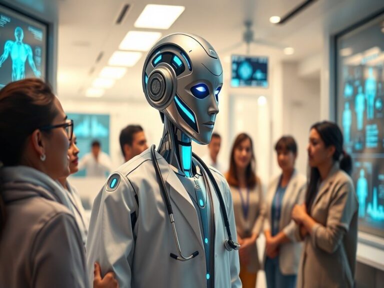 An image depicting a healthcare professional using an AI-driven application on a tablet, surrounded by medical equipment, con