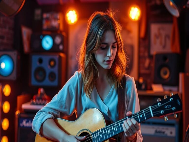 A vibrant image of Maggie Rogers performing live on stage, showcasing her emotional connection with the audience, illuminated