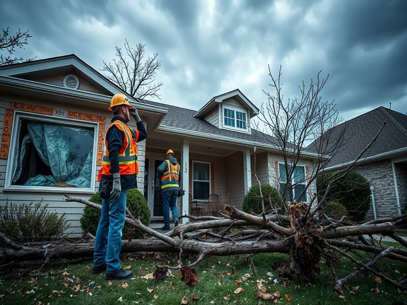 An image depicting a team of restoration professionals working on a damaged house, showcasing tools, safety gear, and the aft
