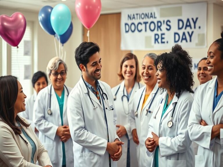 An image depicting a diverse group of doctors in a hospital setting, smiling and interacting with patients, symbolizing care