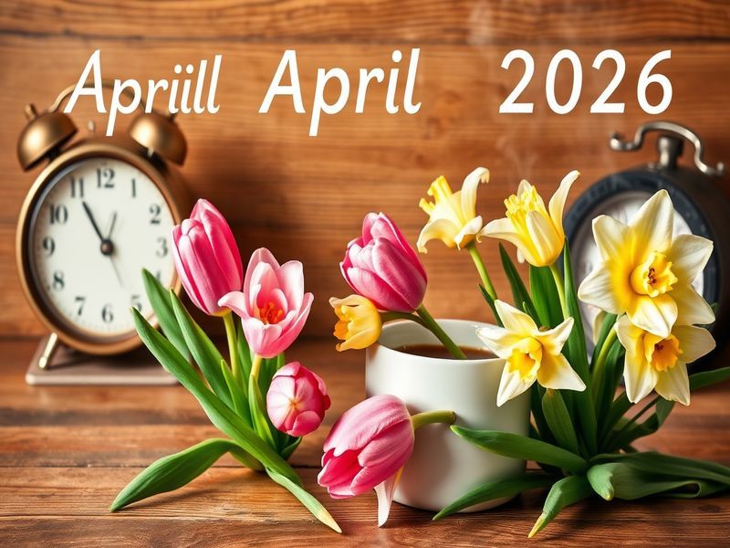 A vibrant April 2026 calendar page with spring-themed graphics, highlighting key dates and holidays.