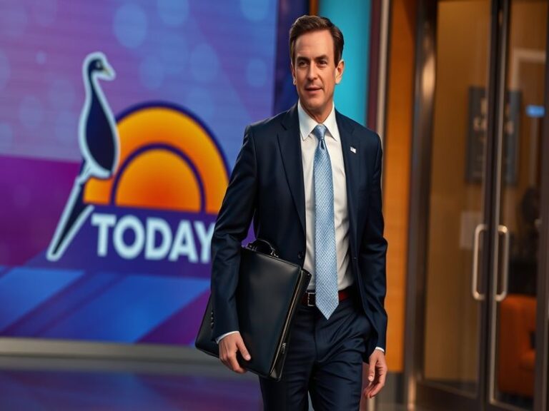 A professional portrait of Peter Alexander smiling, dressed in a suit, standing in front of a television studio backdrop, con