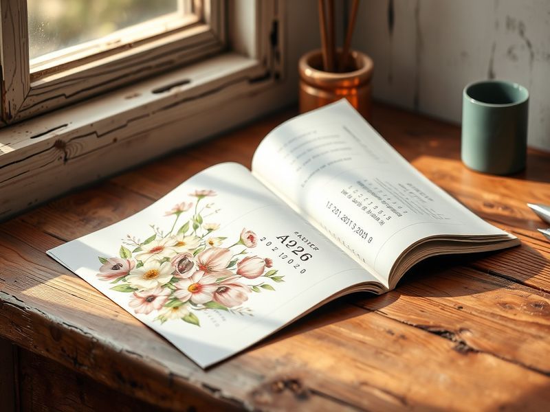 A vibrant spring scene depicting a calendar page for April 2026, surrounded by blooming flowers and a sunny backdrop.