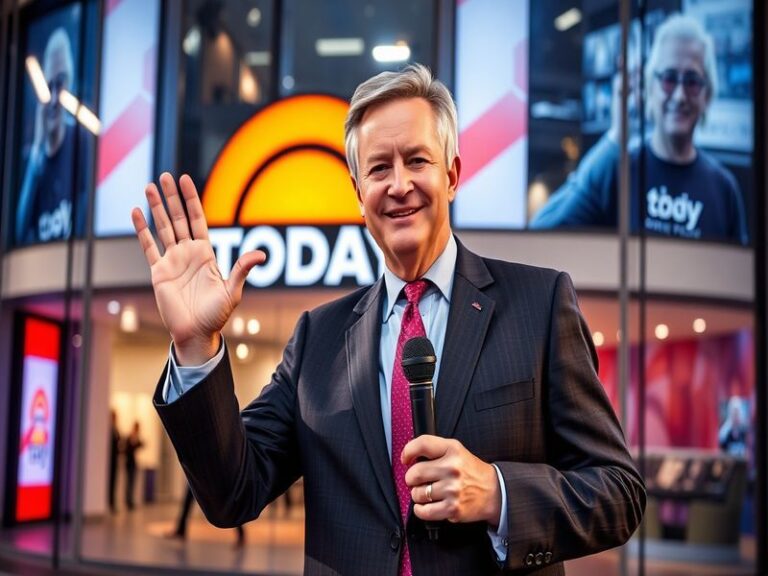 A candid shot of Peter Alexander smiling while hosting the Today Show, surrounded by morning news elements and bright studio