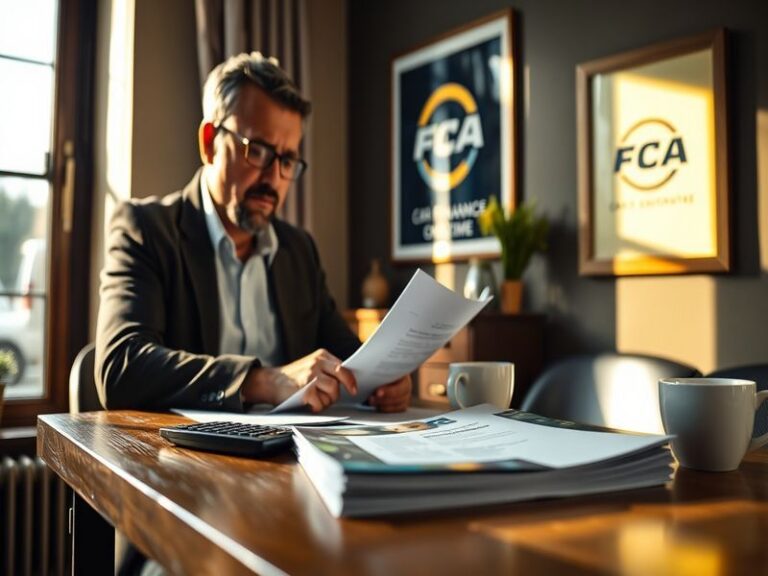 An image illustrating the FCA logo alongside a car dealership, emphasizing the connection between finance and automotive sale