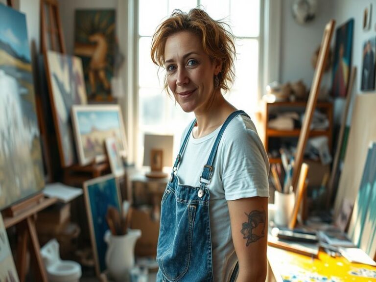 A vibrant portrait of Jo Boydell, smiling confidently with a sports field in the background, conveying energy and passion.