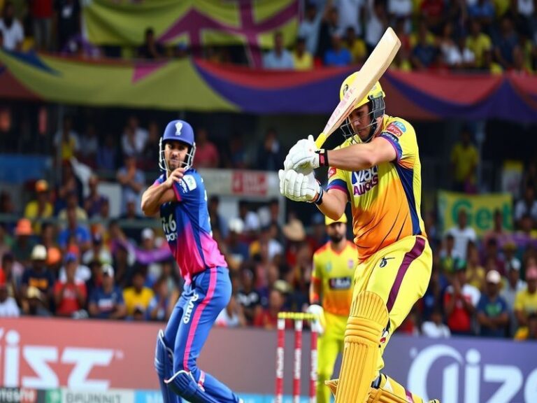 A dramatic cricket match scene featuring players from RR and CSK, showcasing intense expressions and action on the field.