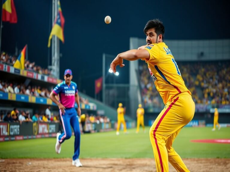 A dynamic cricket match scene featuring players from RR and CSK in action, showcasing their team colors, intense expressions,