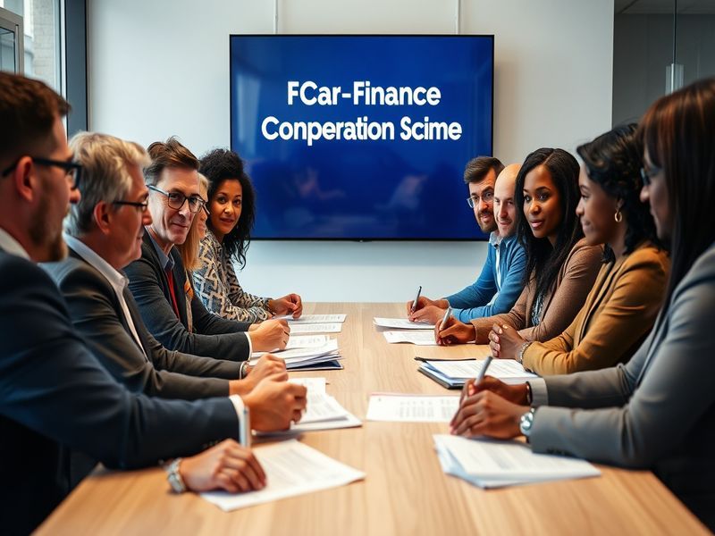An infographic illustrating the FCA car finance compensation scheme, featuring key components and a visual representation of