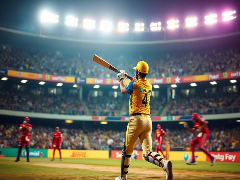 A vibrant cricket stadium filled with enthusiastic fans waving flags and banners of CSK and RR, capturing the electric atmosp