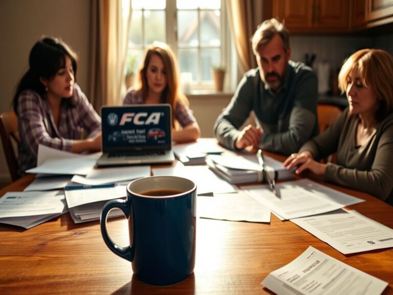 An image depicting a car dealership with a focus on finance paperwork, showcasing a consumer discussing options with a financ