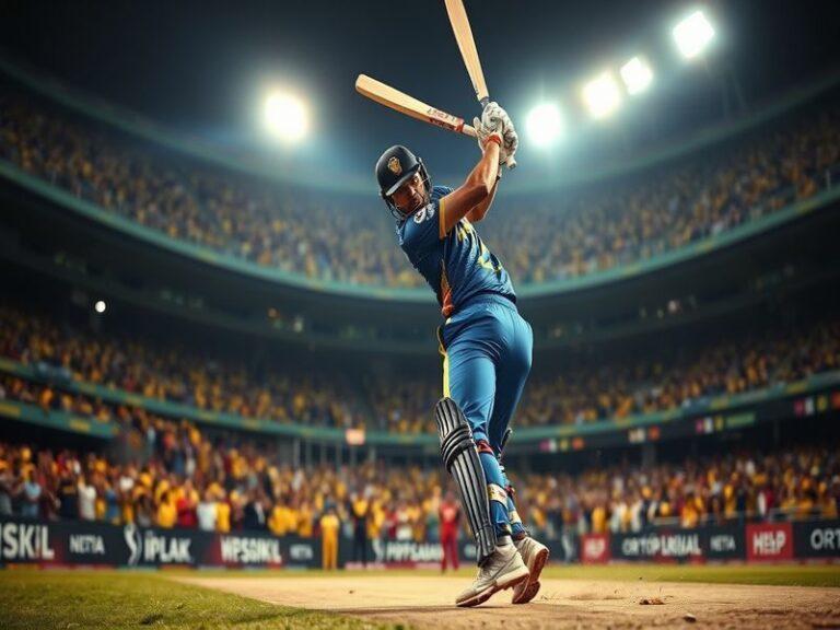 An action-packed moment from a CSK vs RR match showcasing players in vibrant jerseys with a packed stadium background.