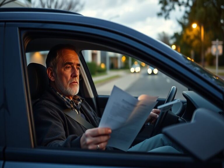 An illustration depicting a consumer reviewing a car finance agreement with a concerned expression, set in a car dealership e