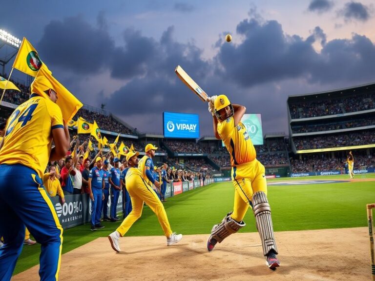 A vibrant cricket stadium filled with enthusiastic fans, showcasing the intensity of a CSK vs RR match, with players in actio