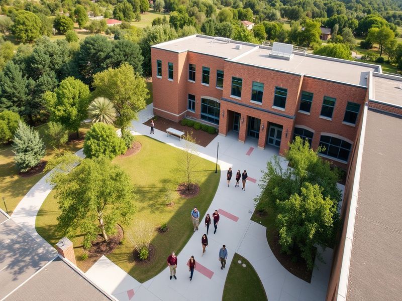A vibrant campus scene at Hill Country College Preparatory High School, showcasing students engaged in various activities, wi