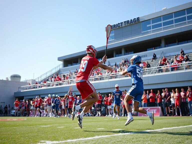 An action shot of a Philadelphia Wings lacrosse game, showcasing players in vibrant uniforms, a cheering crowd, and the excit
