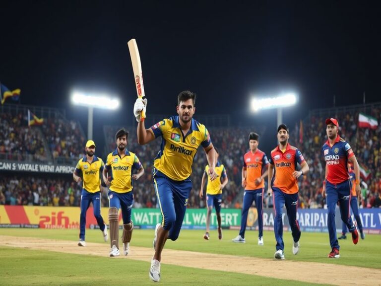 An intense moment from a CSK vs RR match, showcasing players in action with a packed stadium in the background, capturing the