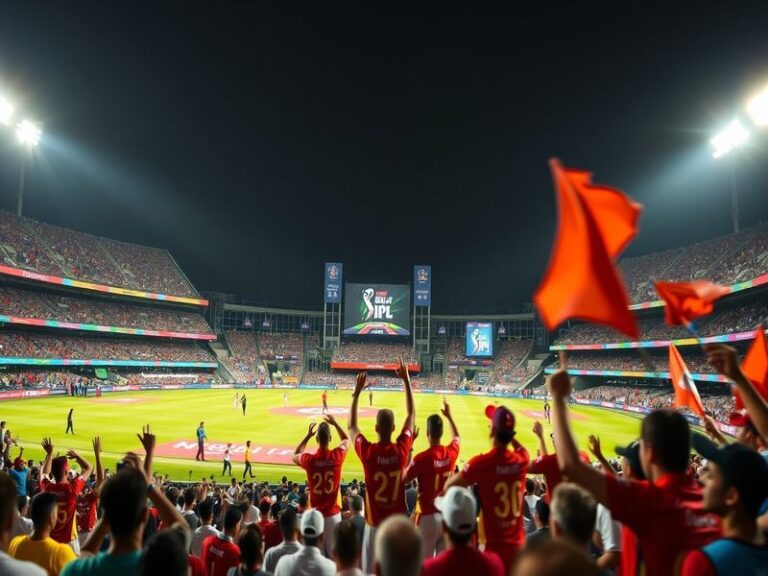 A vibrant cricket stadium filled with fans, showcasing the excitement of an IPL match, with players in action and scoreboard