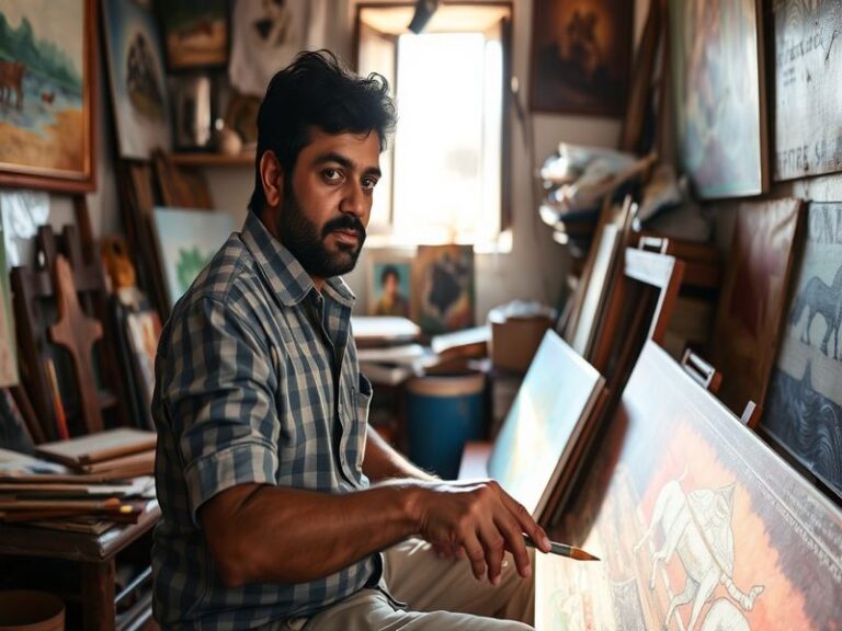 A dynamic portrait of Brijesh Sharma engaged in a tech discussion, surrounded by sports equipment, symbolizing the fusion of