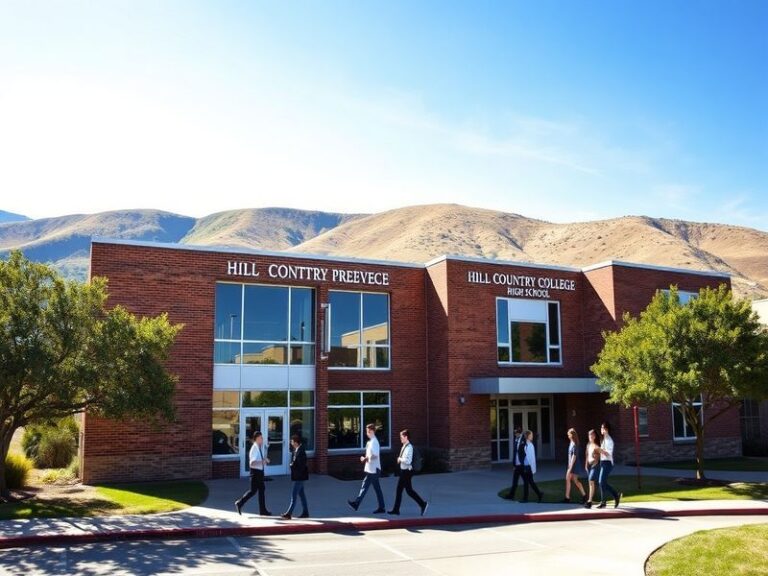 A vibrant image of Hill Country College Preparatory High School, showcasing students engaged in various activities on a sunny