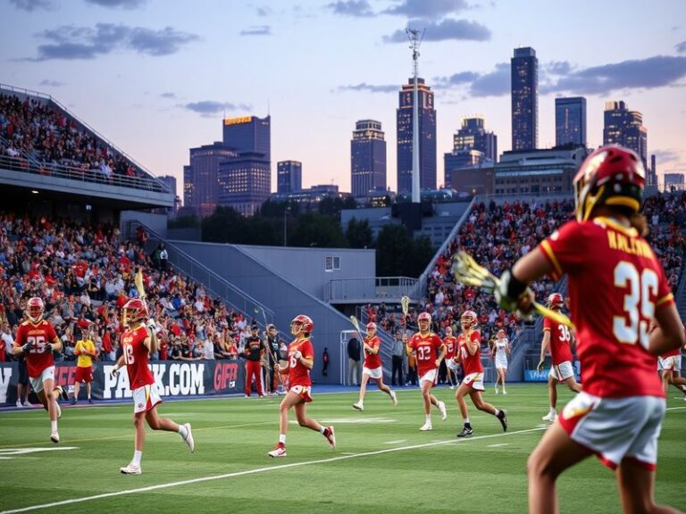 An action shot of the Philadelphia Wings in a game, showcasing players in dynamic poses, vibrant team colors, and an enthusia