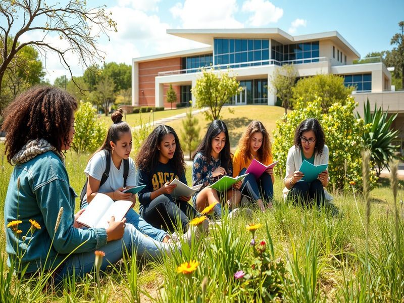 A vibrant image of Hill Country College Preparatory High School showcasing students engaged in learning and extracurricular a