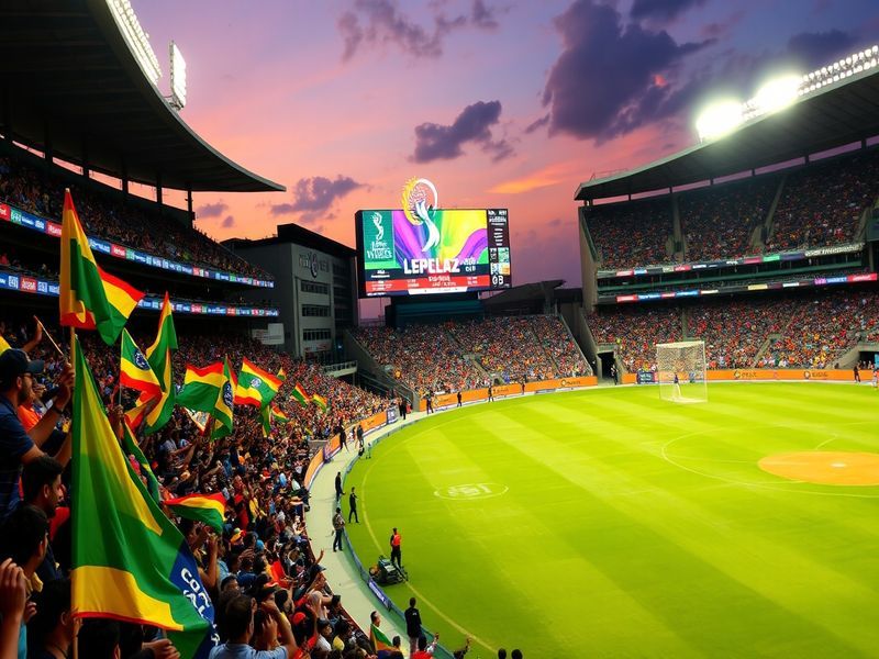 A dynamic cricket match scene showcasing players in action, with a scoreboard in the background displaying current IPL scores