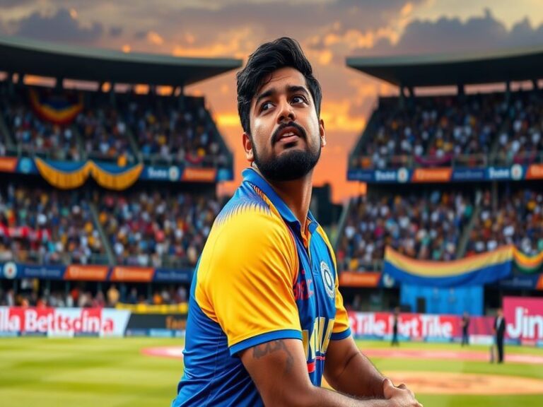 A dynamic image of Sarfaraz Khan batting in a cricket match, showcasing his focused expression and athletic stance, with a st