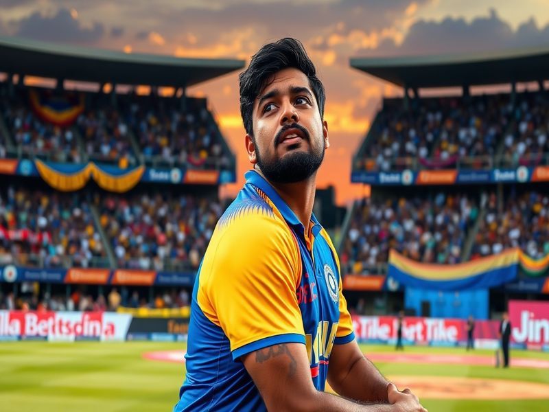 A dynamic image of Sarfaraz Khan batting in a cricket match, showcasing his focused expression and athletic stance, with a st