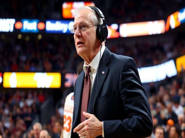 A dynamic image of John Groce coaching on the sidelines during a college basketball game, showcasing his intense focus and en