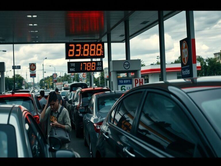 A busy gas station with cars lined up, showcasing a digital price board displaying high fuel prices, highlighting the urgency