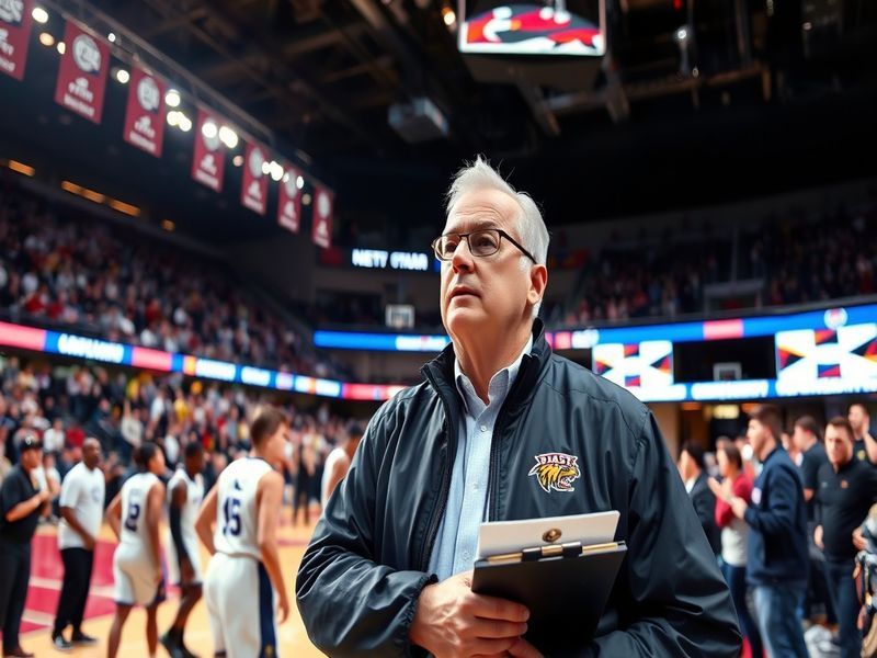 A dynamic action shot of John Groce coaching on the sidelines during a college basketball game, showcasing his intense focus