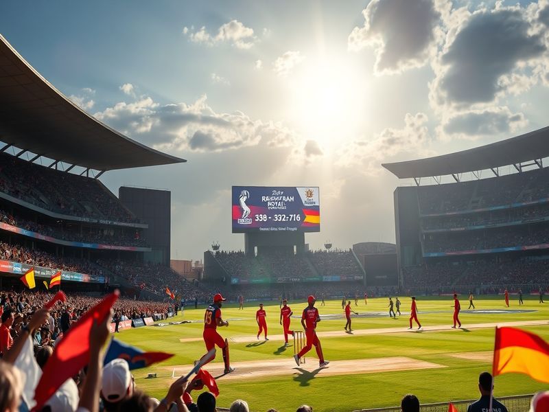 A vibrant scene from the cricket match, showcasing players in action with a packed stadium in the background, capturing the e