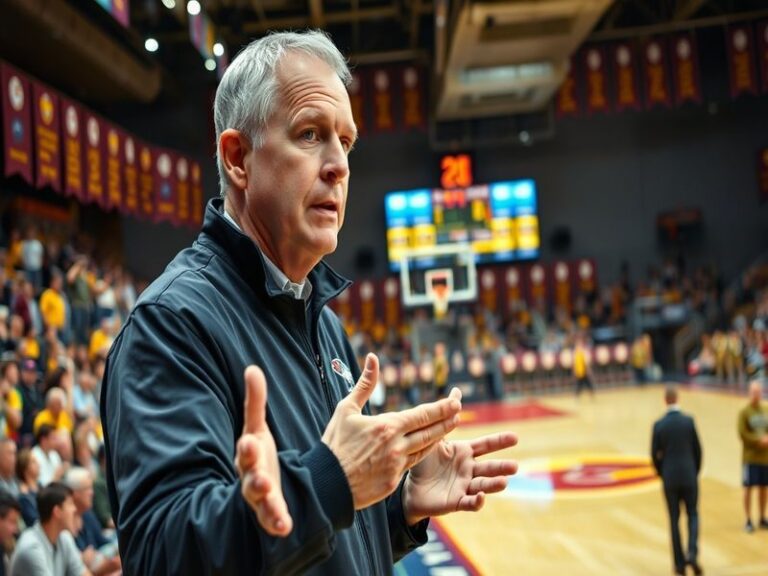 A dynamic basketball court scene featuring John Groce in a coaching role, passionately engaging with players during a game.