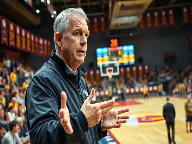 A dynamic basketball court scene featuring John Groce in a coaching role, passionately engaging with players during a game.