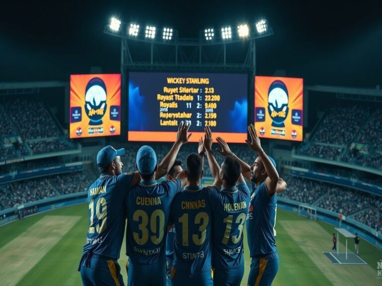A vibrant scene from an IPL match featuring Chennai Super Kings and Rajasthan Royals, showcasing fans in team colors, players