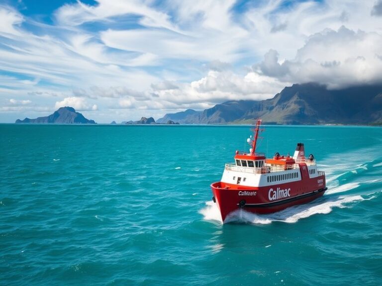 A scenic view of a CalMac ferry navigating the waters between the Scottish islands, with mountains in the background and blue