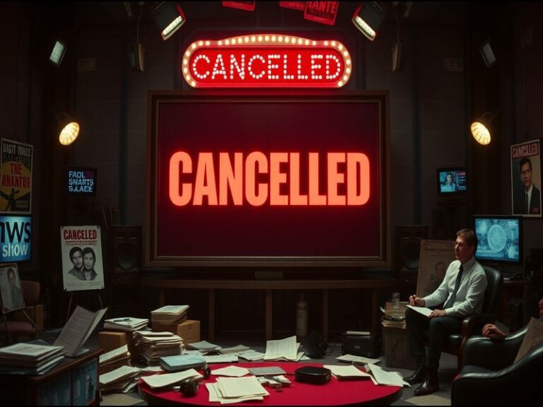 An image depicting a television set with a static screen, symbolizing canceled shows, with a darkened living room setting to